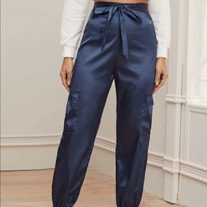 Blue satin cargo pants